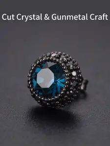 Women's Hypoallergenic Vintage Blue Crystal Round Stud Earrings, Gunmetal Tone Black Rhinestone Halo Stud Earrings, Retro Fashion Jewelry for Everyday Wear & Gift