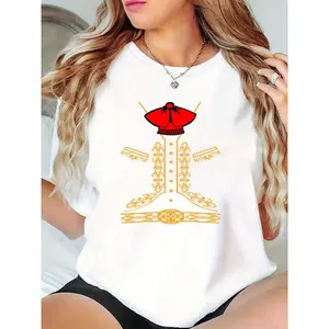 Women's White Nutcracker Print T-Shirt, Festive Christmas Holiday Casual Top with Golden Ornate & Red Hat Graphic, Cute Ladies' Graphic Tee 100% Cotton T-shirt