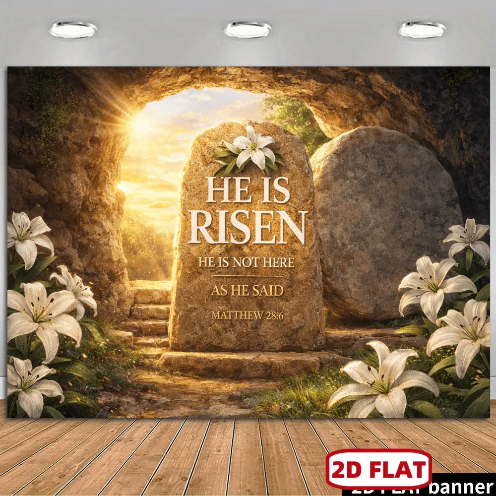 Glam Durable Soft Fabric Easter-Themed Textile Backdrop Banner, 2D Printed with Large Central Stone, Golden Letters "HE IS RISEN" & "HE NOT HERE; HE HAS RISEN. MATTHEW 28:6", Left-Side White Lily with Green Accents, for Large Display Indoor Ceremony Use