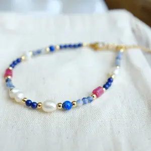 Healing Bracelet Lapis Lazuli Gemstone Tanzanite Crystal Freshwater Pearl Ruby Cylinder Tube Beads 14k Gold filled beads Unique Designer Jewelry Special Gift