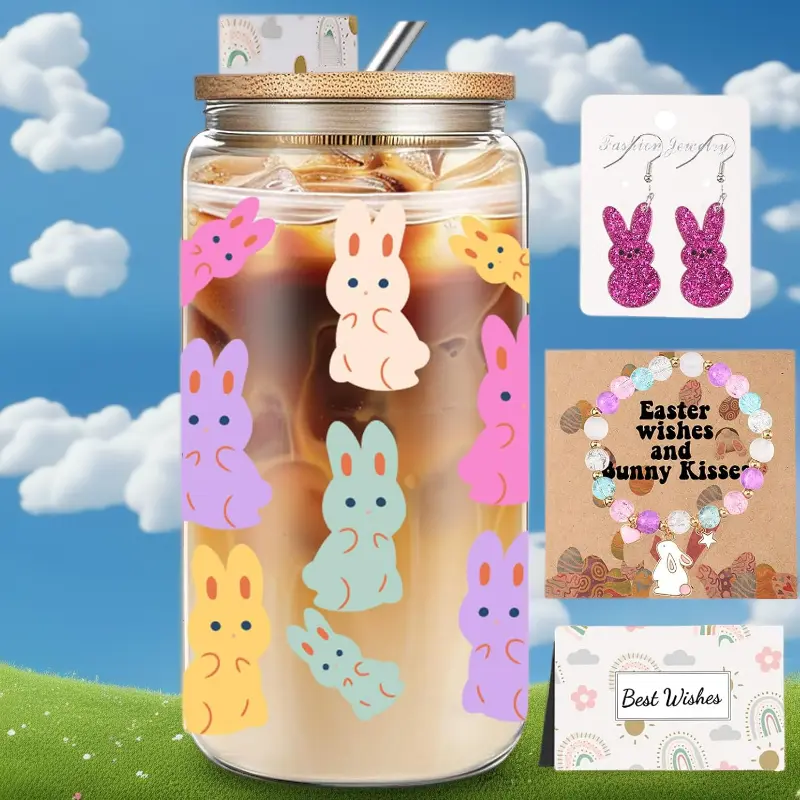 Bunny Theme Easter Camp Kitchen Gift Set for Teens - Bunny Bracelet, Earrings, 16oz Iced Glass Cup (Includes Lid, Straw) - Basket Stuffer, Birthday Present, Party, Teenagers, Rabbits, Colorful Bunnies