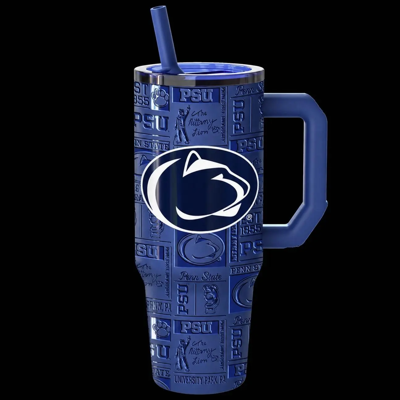 Penn State Nittany Lions 40oz Tumbler with Handle, PSU 3D Embossed Look Quencher, College Football Tailgate Mug, Insulated Steel Cup