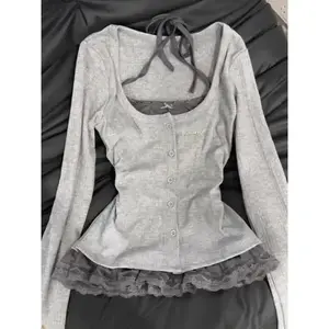 Women Y2K Korean Harajuku Vintage Two-Piece Lace Long Sleeves Shirts Acubi Shirt Oversized Tshirt Gyaru Tops 2000s Alt Clothes Womenswear Blouse Basic Beige Gamis Casual Minimalist