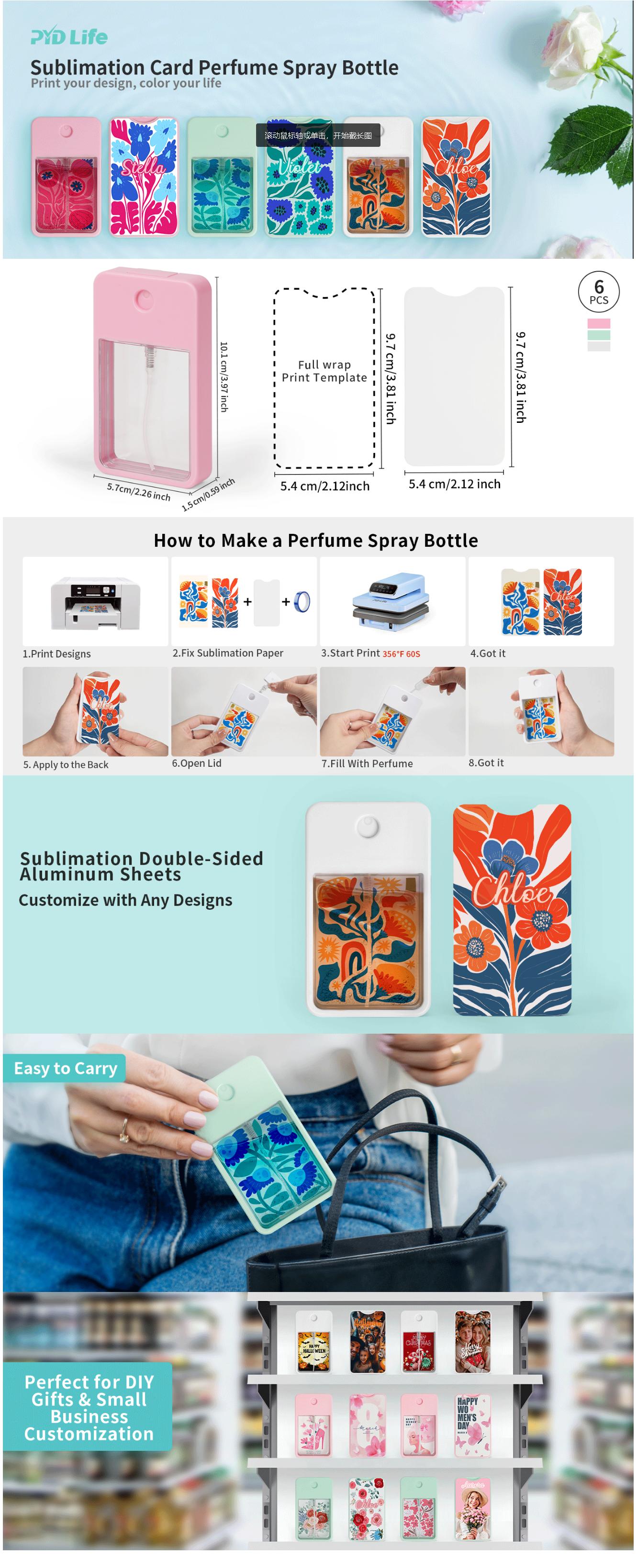 12 Pack Sublimation Blanks Card Perfume Spray Bottle 1FL. OZ 30 ml Mixed Color, Portable Refillable Travel Mist Sprayer with 16 PCS Double-Sided Sublimation Aluminum Sheets for Custom Design