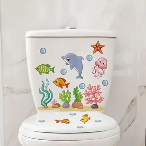 Colorful Cartoon Ocean Creatures Design Toilet Sticker, Dolphin Fish Starfish Theme, Removable Self-Adhesive Decoration for Bathroom Upgrade