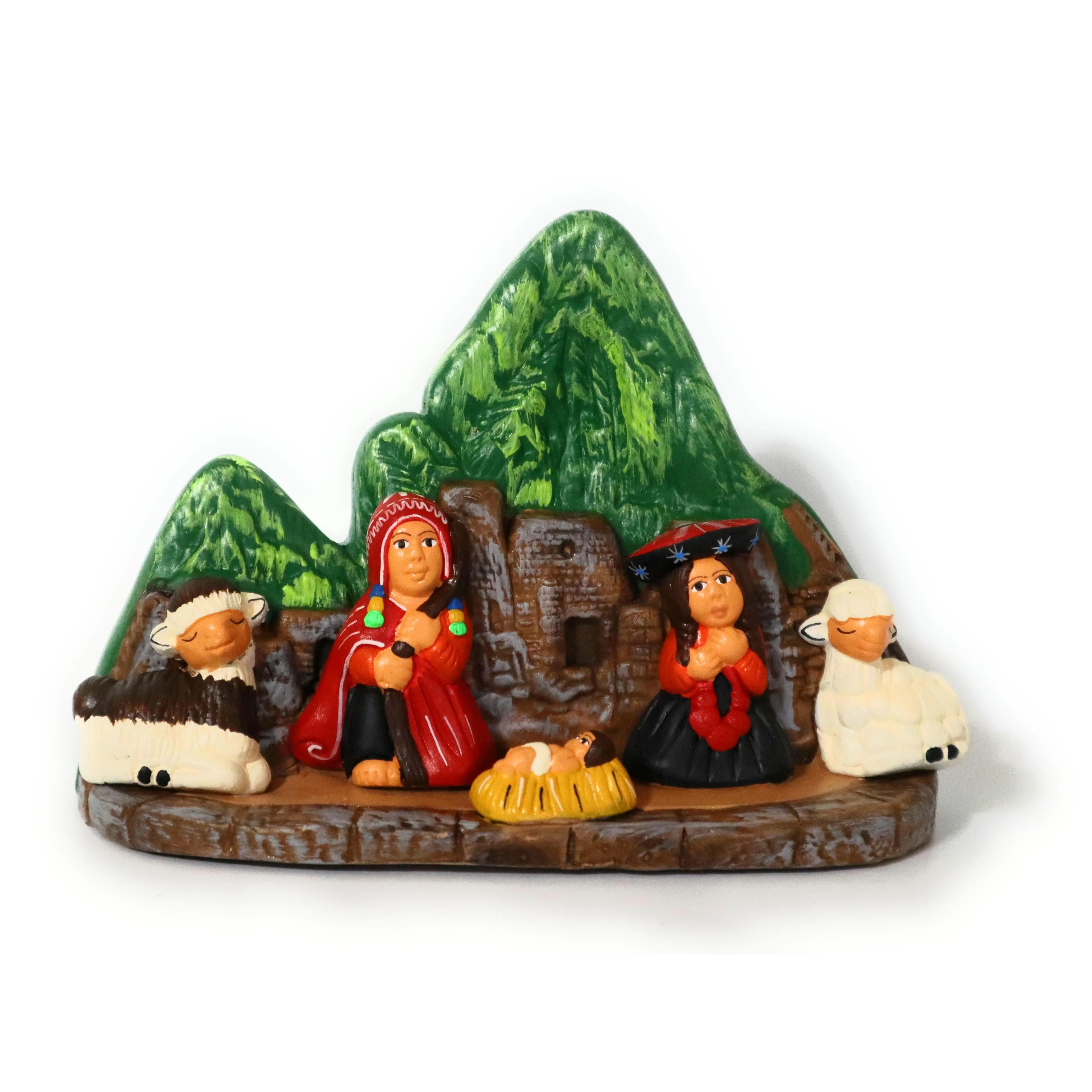 Nativity Christmas Decor Ceramic Peruvian Handmade Pottery Folk Art Nacimiento in Machu Picchu Scene Andean Style 5.75" Tall