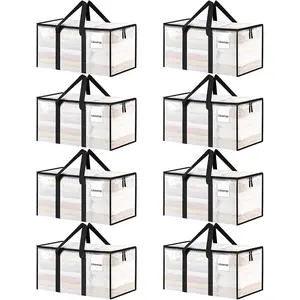 8 Pack Extra Large Heavy Duty Moving Bags, Clear Storage Bins with Lids, Reinforced Handles & Heavy-Duty Zippers Moving Boxes Storage Bags Totes for Clothes Packing, Dorms, College Supplies, Clear