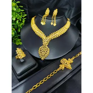 Luxury Dubai Gold Color Bracelets rings necklace earrings 4pcs sets For Women 24K Gold Plated Bracelets Charm Wedding Jewelry