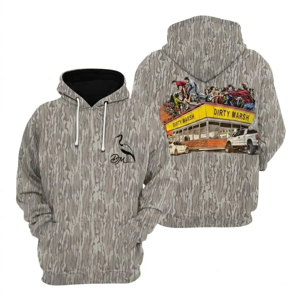 Menswear Men's Hunting Hoodie - Dirty Marsh Camo, Mossy Oak Bottomland Design, Casual Outdoor Pullover for Hunting, Camping