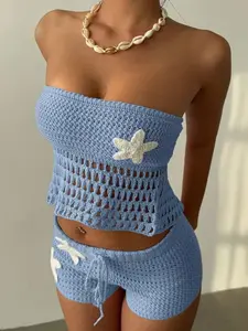 Women's Boho Star Crochet Two-Piece Set, Y2K Beach Cover-Up Knit Top and Tank Shorts, Sleeveless Slim-Fitting Short Skirt