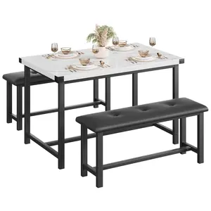 Marble White 3-Piece Dining Ensemble Seats 4, Wood Structure Kitchen Table with 2 Soft Upholstered Benches, Space-Saving Furniture Perfect for Apartments, Studios and Small Dining Rooms