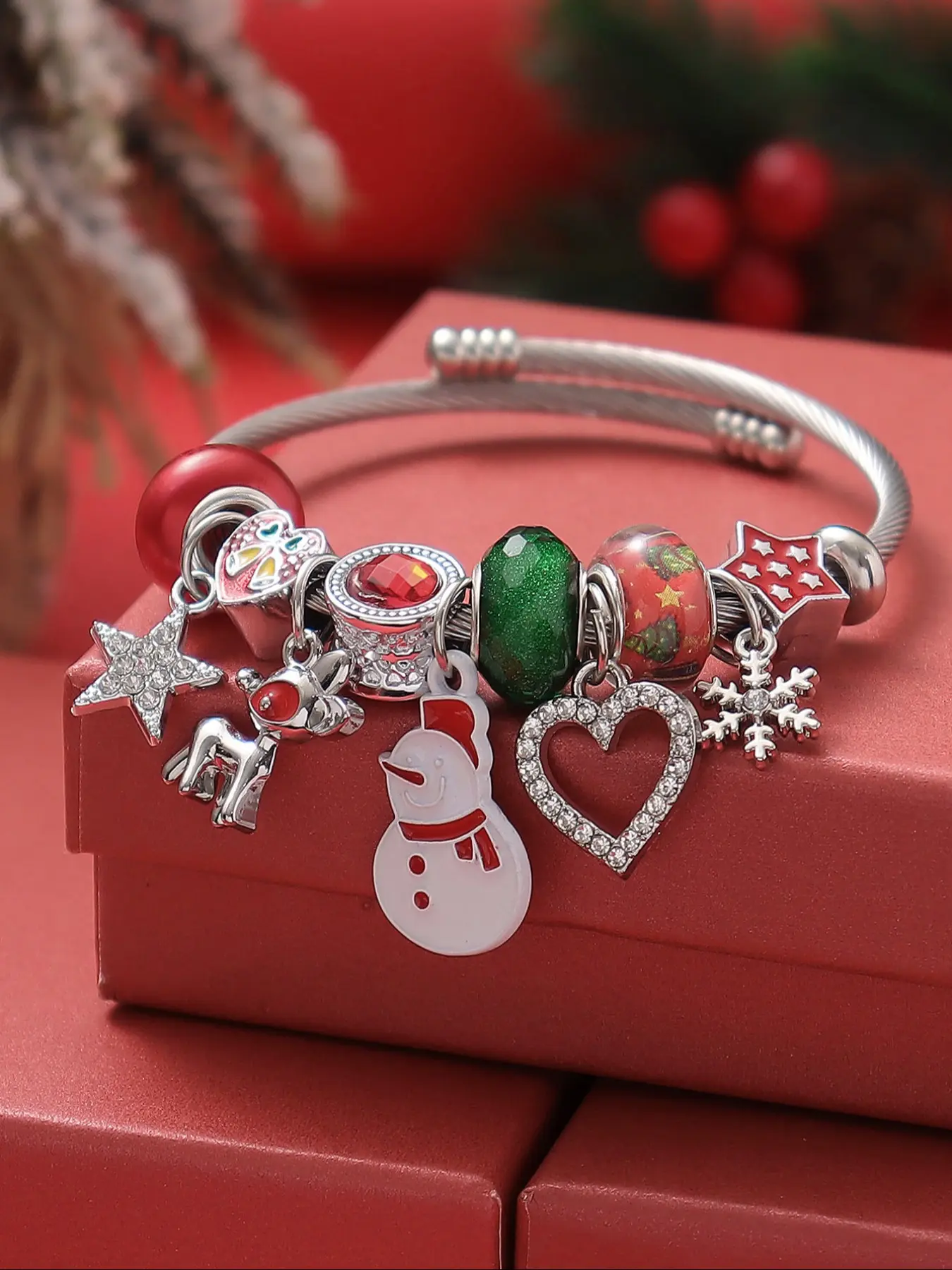 Christmas Elements Pendant Necklace, Elegant Handmade Beaded Jewelry, Stainless Steel Open Bangle Gift for Women, Party & Daily Wear, Stainless Steel Bracelets