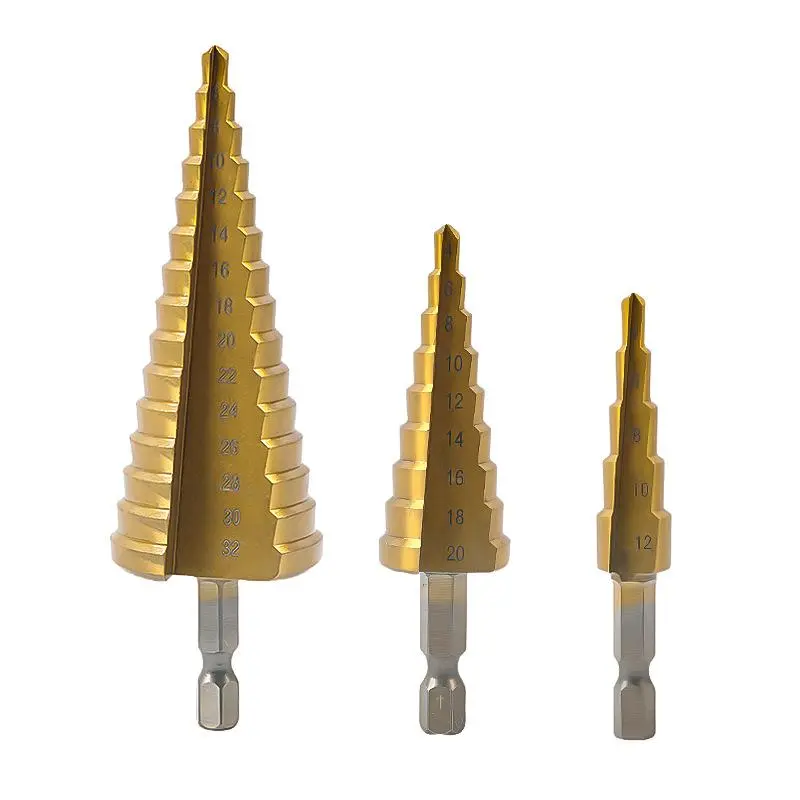 Pagoda drill bit 3-piece set of hexagonal shank straight groove metric titanium-plated punching hole reamer step drill 3-piece set of step drill professional