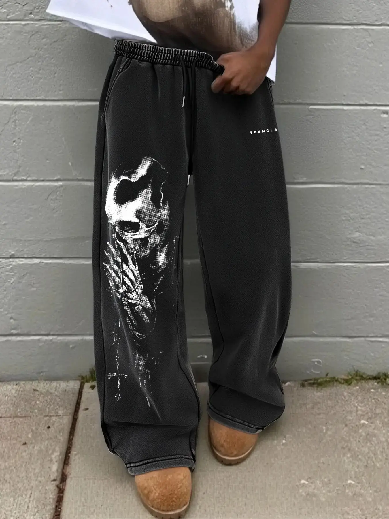 Men's Casual Loose-Fit Cotton Sweatpants, Loose Casual Bottoms, Graphic Skull Print Drawstring Waistband, All-Season Comfortable Pants for Daily Wear