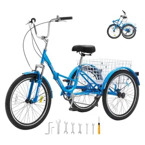 VEVOR Folding Adult Tricycle, 24-Inch 7-Speed Adult Folding Trikes, Carbon Steel 3 Wheel Cruiser Bike with Basket Adjustable Seat, Shopping Picnic Foldable Tricycles for Women, Men, Seniors (Blue)