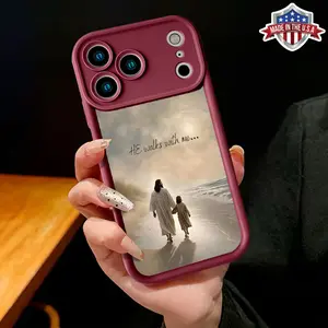 He Walks With Me Christian TPU Phone Case for iPhone 11-17, Pro, Max, Plus, Air - Jesus & Child Beach Art, Inspirational Faith-Based, Slim Shockproof, Scratch Resistant, Unisex Vintage Minimalist Protective Cover, Religious Quote Aesthetic, Made in USA
