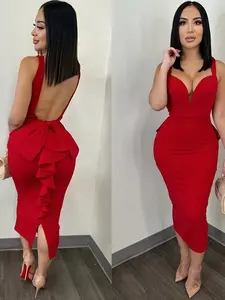 Sheik Apparell Elegant Backless Bodycon Dress Sheik Apparell Deep V-Neck Bow Detail Stretchy Split Hem Solid Color Black for Spring/Summer/Fall Events