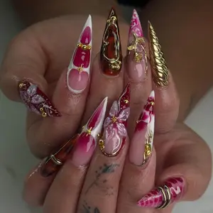 Cherry Gold Bloom Press On Nails | Red & White Stiletto Nail Art | 3D Floral Glam Nails | Luxury Long Press Ons