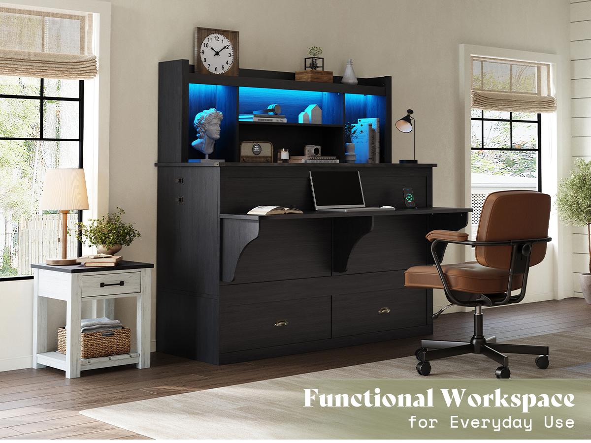 [Mattress NOT Included] [Ship in 2 Boxes] AMERLIFE Murphy Bed with Bookcase Headboard & LED Light, Farmhouse Cabinet Bed with Storage Drawer, Charging Station and Desk for Home Office/Guest Room/Small Spaces