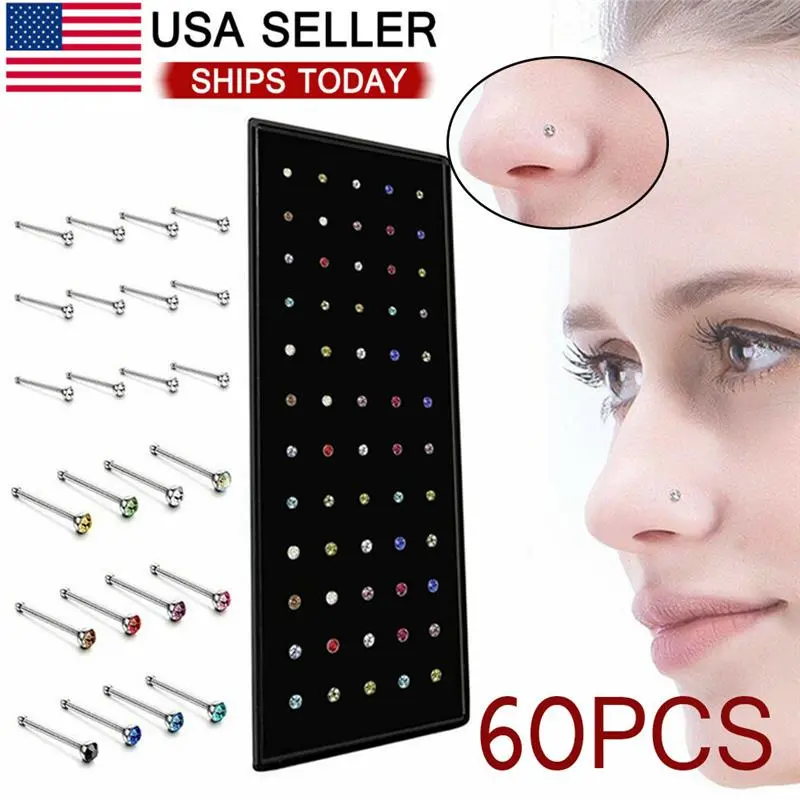 60PCS Stud Nose Rings Bone Stud Stainless Steel Color Pin Jewelry Piercing Body