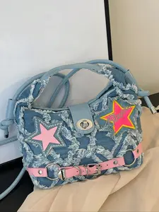 Sweet and Cool Style Hot Girl Five-pointed Star Patch Bucket Bag, Dirt-resistant Shoulder Crossbody Tote Bag, Commuter Portable Denim Handbag, Fashionable and Stylish, Suitable for Traveling and Taking Photos, Denim Shoulder Purse