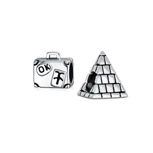 Set of 2 Vacation Travel Suitcase Luggage & Egyptian Pyramid Charm Bead Silver