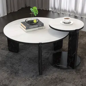 Set of 2 Round Nesting Coffee Table for Small Place, living room end table with white sintered stone top, 32.68" + 16.93" diameter Side Table Night Stand for Bed Room Dining Room, 83+ 43 cm sofa table