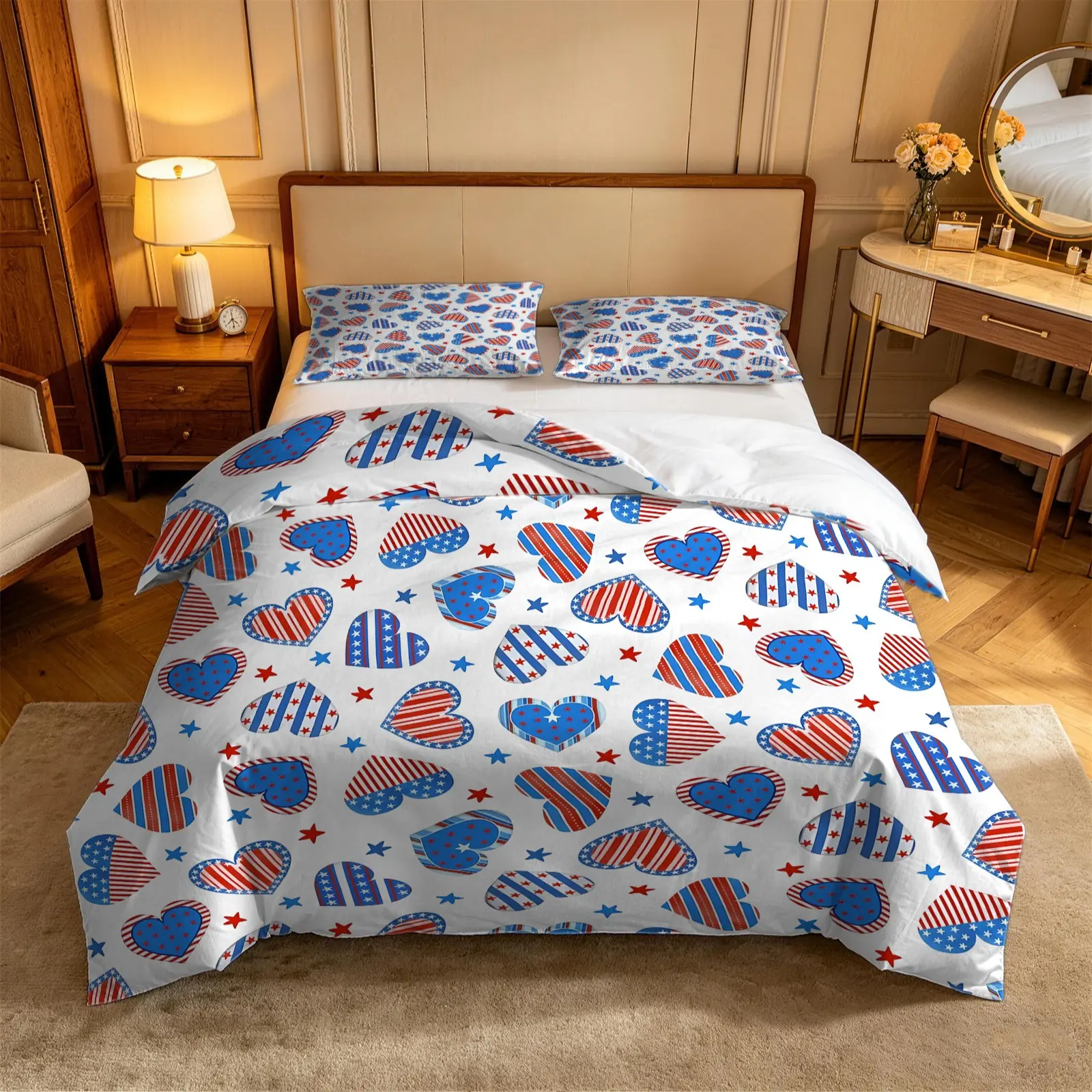 2/3pcs Patriotic 4th of July Duvet Cover Set, No Filler Comforter Cover Bedding Set with Pillowcases, Heart & Star Print, Soft All-Season Independence Day Decor, for Teens Adults Bedroom, Home Decor