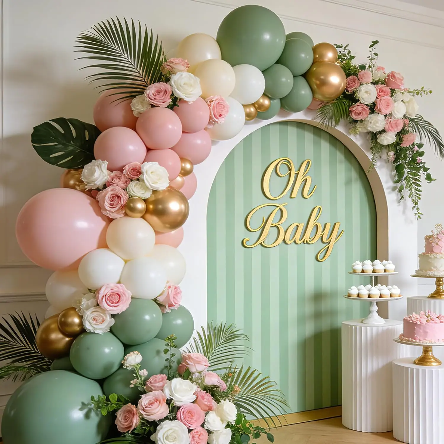 Sage Green  Balloon Arch Kit, Olive Green Light  Nude Sand White  Metallic Chrome Latex Balloons for Bridal Shower Wedding Birthday  Shower Party Decoration