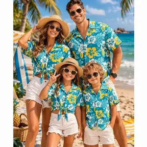 Family Matching Hibiscus Hawaiian Shirt, Tropical Yellow Blue Floral Aloha Beach Shirt, Vacation Shirt, Team shirt, Gift for Summer Vacation NBY
