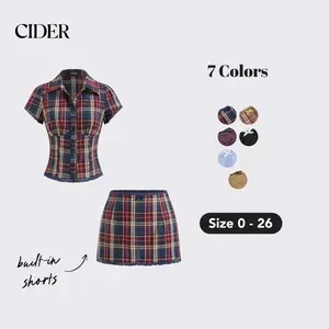 Cider Cotton Plaid Collar Short Sleeve Blouse & Mid Rise Lace Trim Bowknot Mini Skirt Set