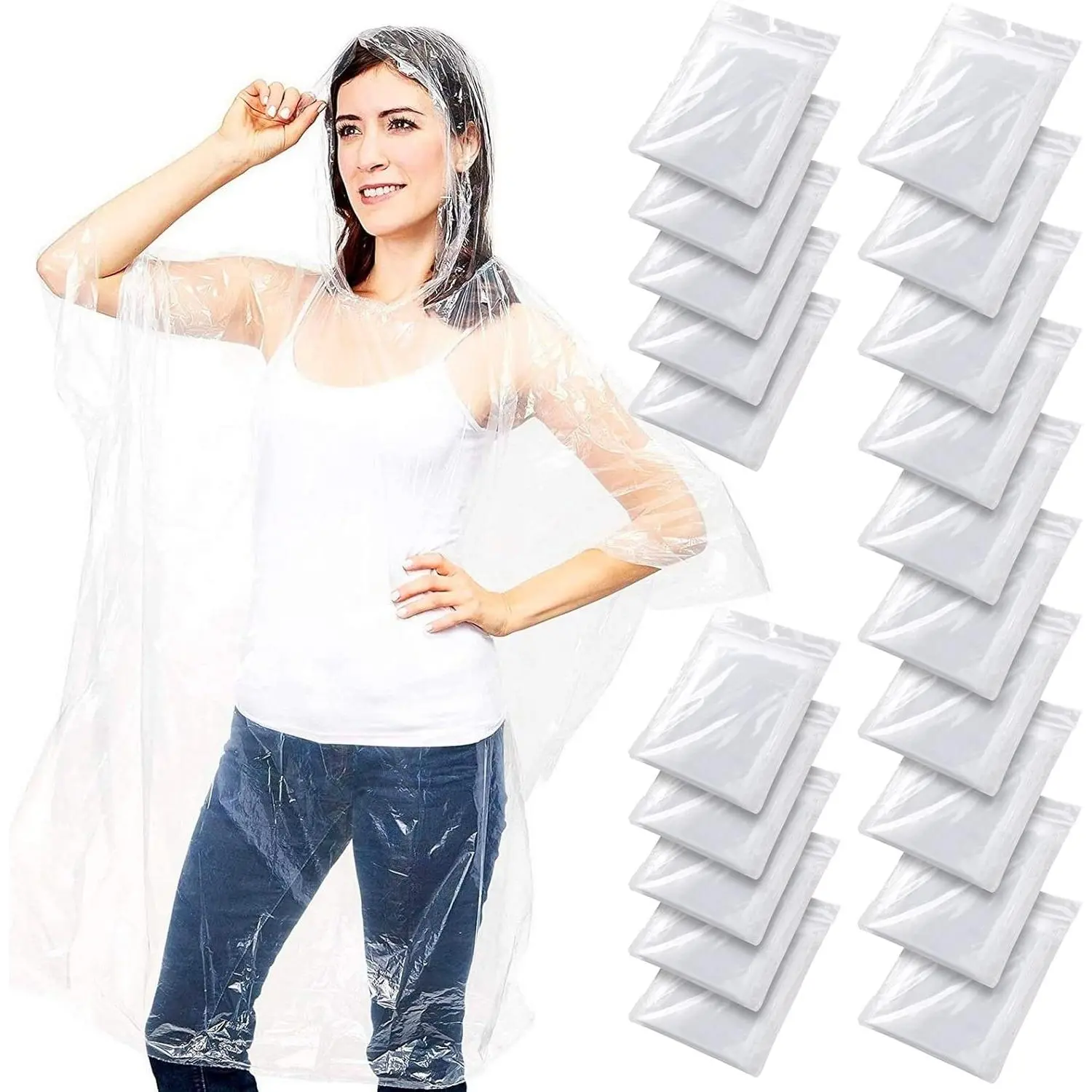 20-Pack Disposable Rain Ponchos with Hood for Adults, Lightweight Emergency Plastic Poncho for Outdoor Events, Travel, Camping, Hiking, and Festivals, Clear