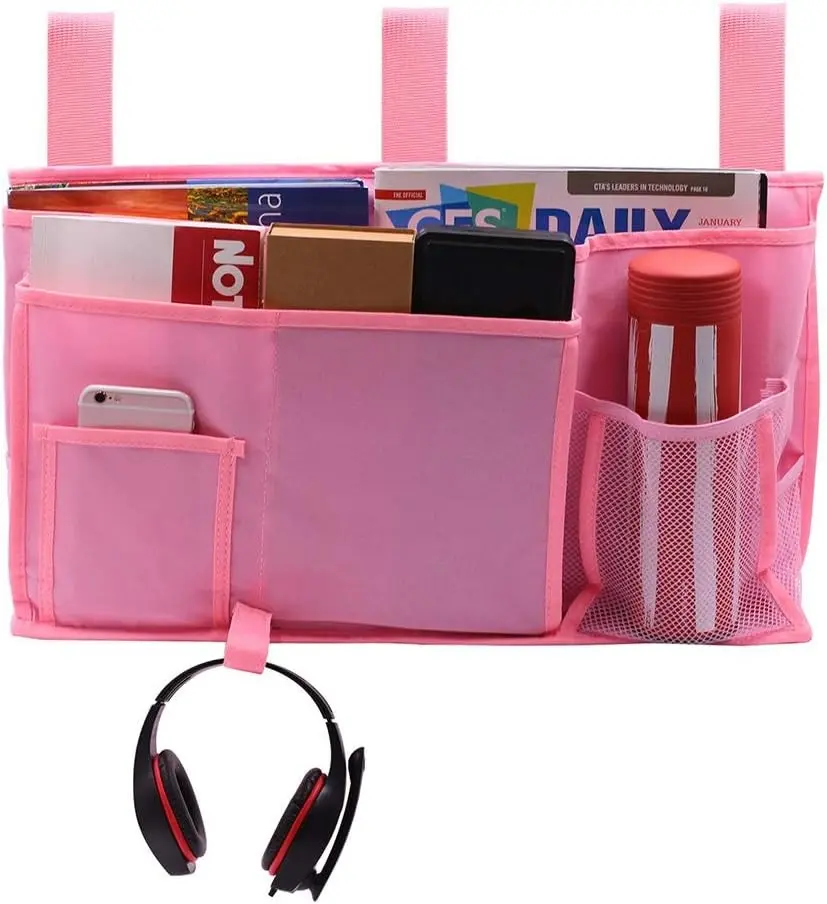 Bunk Bed Organizer - Bedside Storage Caddy with Pocket, Hanging Organizer for Camp, Dorm, Room, Hospital Bed Rail and More (Pink)