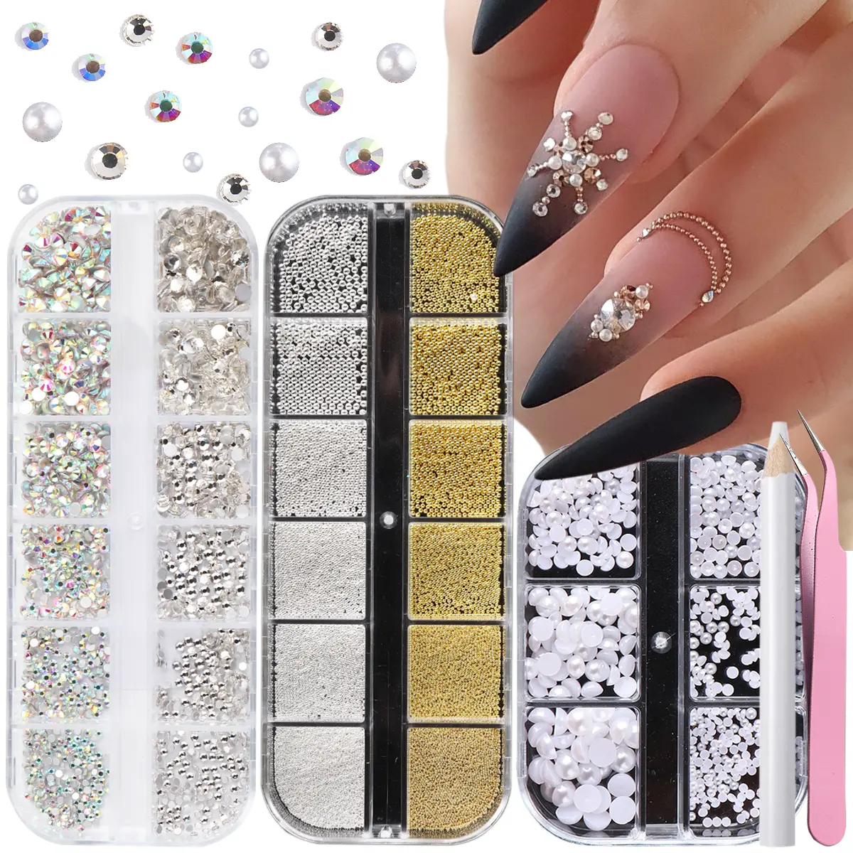 Fcozpjk 3 Boxes Nail Rhinestones Kit Flatback Nail Gems And Rhinestones White Pearl Nail Charms Gold Silver Caviar Nail Beads Nail Decoration Kit with Picker Pencil and Tweezers Face Gems Makeup Jewels DIY