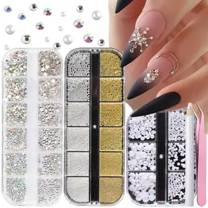 Fcozpjk 3 Boxes Nail Rhinestones Kit Flatback Nail Gems And Rhinestones White Pearl Nail Charms Gold Silver Caviar Nail Beads Nail Decoration Kit with Picker Pencil and Tweezers Face Gems Makeup Jewels DIY
