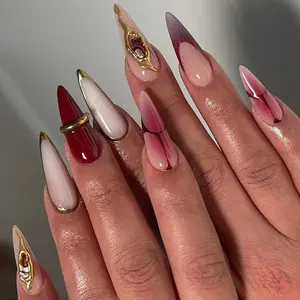 Luxury Red Ombre Press On Nails, Gold Chrome Nail Art, Elegant Stiletto Nails, Wine Red Press On Nails, Y2k Nails, Red Nails