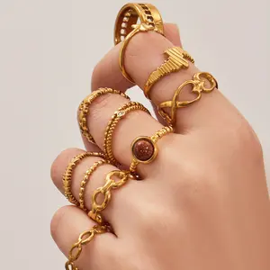 Stackable Rings Set - 10 Styles Adjustable Titanium Steel Star Chain Rings, Minimalist Stainless Steel Dainty Gift for Her, Gold-Plated Rose Pendant Necklace