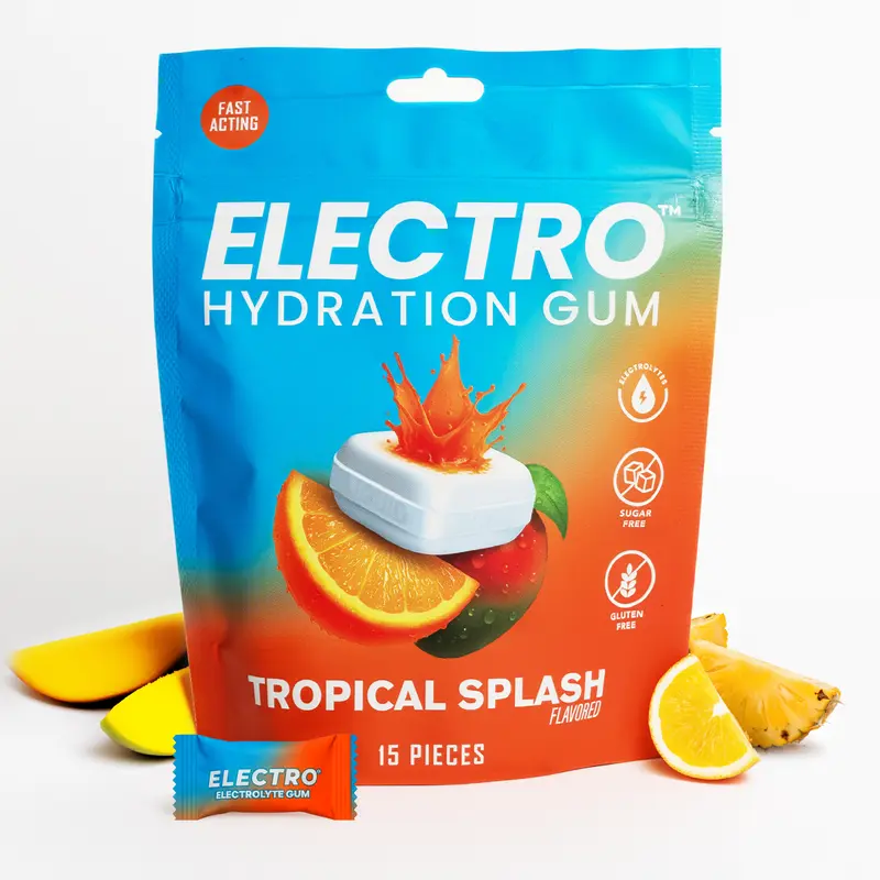 Electro Hydration Gum - Fast-Acting Liquid Core, Caffeine-Free, Zero Calories, Vegan, Tropical Splash Flavor, Instant Electrolytes for Training & Running