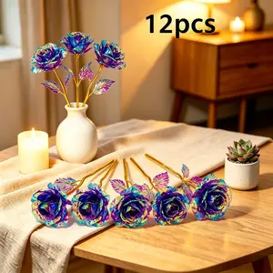 12-Piece Gold Foil Artificial Rose Bouquet with Realistic Texture, Elegant Home Decor Ornaments for Table, Romantic Bedroom Flowers, Ideal Mother's Day Gift for Weddings