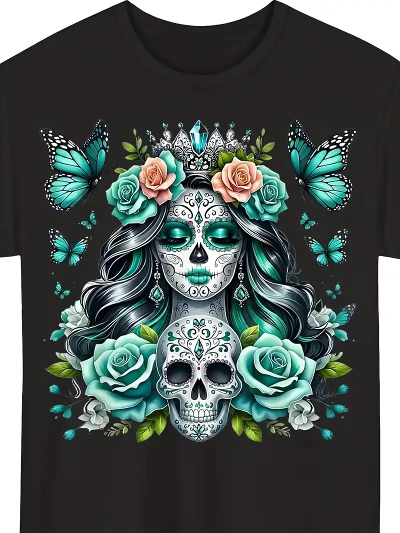Day of The Dead La Catrina Floral Sugar Skull T-Shirt, Crew Neck, Short Sleeve, Regular Fit, Digital Heat Transfer, All-Season Casual Wear, Same Style for Men And Women