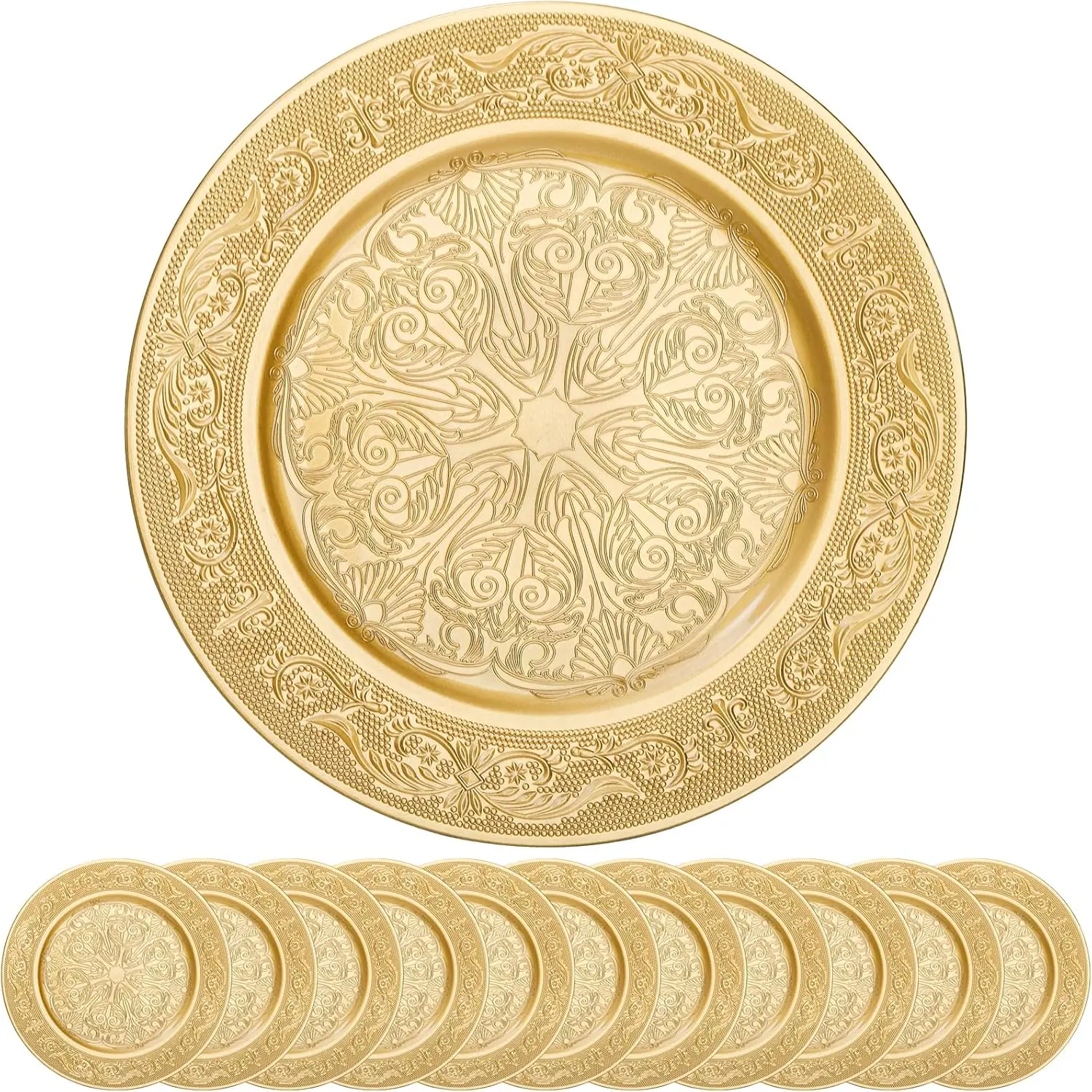 12 Pack  Charger Plates, 13 Inch  Round Chargers for Dinner Plates, Decorative Dinner Chargers, Antique Plastic Table Charger and Service Plates for Wedding Holiday Party