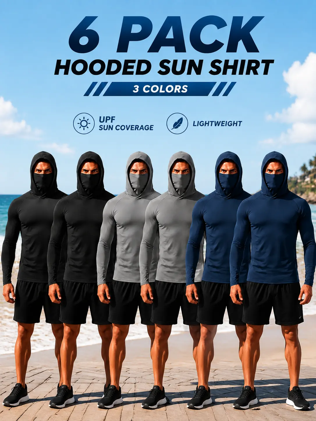 ¡Agárralos! 6 Hooded Sun Shirts. Built-in mask, fast dry & 4-way stretch. Hit the gym, trails, fishing, or job sites. 6 tops only. Crazy deal! ¡Cómpralo ya!