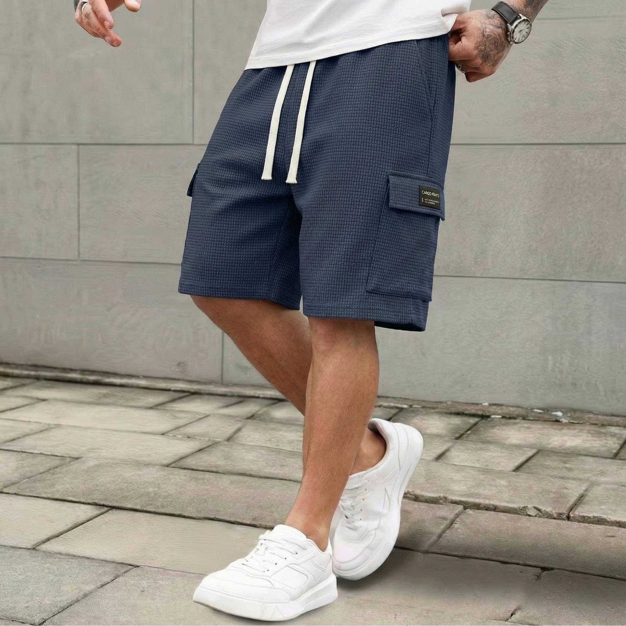 3-pack men’s waffle fabric casual cargo shorts with drawstring waist, available in multiple colors, suitable for summer streetwear outfits