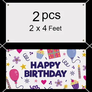2 Pcs 2x4 Ft Sublimation Blank Banners, Polyester Oxford Cloth Blank Banner Signs with Hanging Ropes, DIY Banners for Business Office School Wedding Birthday Decoration