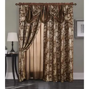 Jacquard Luxury Window 2 Panel Set Brown Curtain with Attached Valance and Backing Bedroom Living Room Dining 2 Curtains 55x84 inches Each Jana