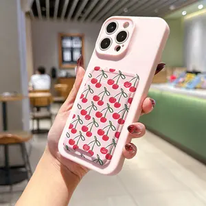 Self-Adhesive Card Holder Phone Case, Cherry Design, Anti-Drop Tpu Cover for iPhone Models, Perfect Gift for Women & Teens, Accessories