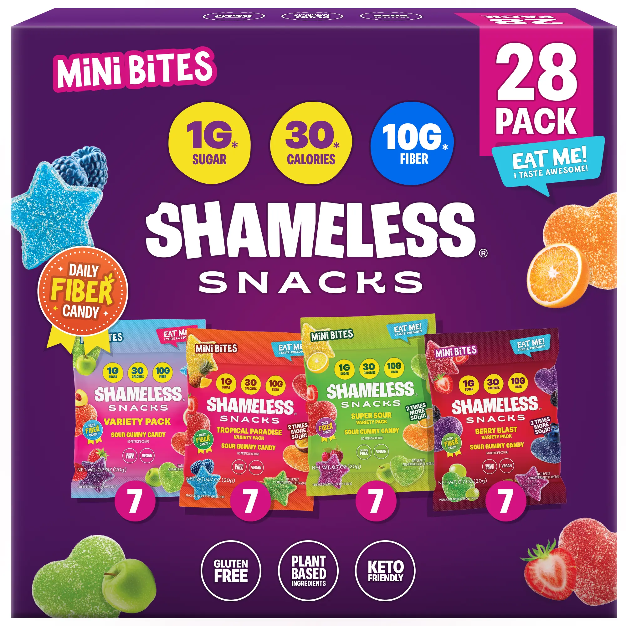 Shameless Snacks Mini Bites Sour Gummy Candy Variety Pack & Fruit Snacks 1g Sugar, 10g Fiber, 30 Calories | 28 Individually Wrapped Candy Bags | Vegan Gluten Free Keto Snack Packs for Kids & Adults