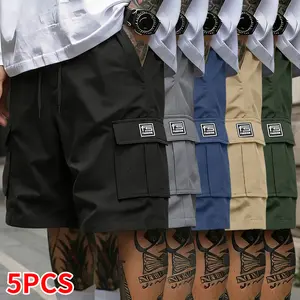 5-piece set summer clothing: summer shorts, men’s shorts, menswear with multifunctional pockets, solid color, drawstring elastic waistband, suitable for outdoor sports, fitness, running, and casual wear; men’s casual cargo pants.,summervibes