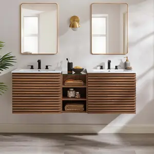 Render 62" Wall-Mount Double Sink Bathroom Vanity in Walnut White