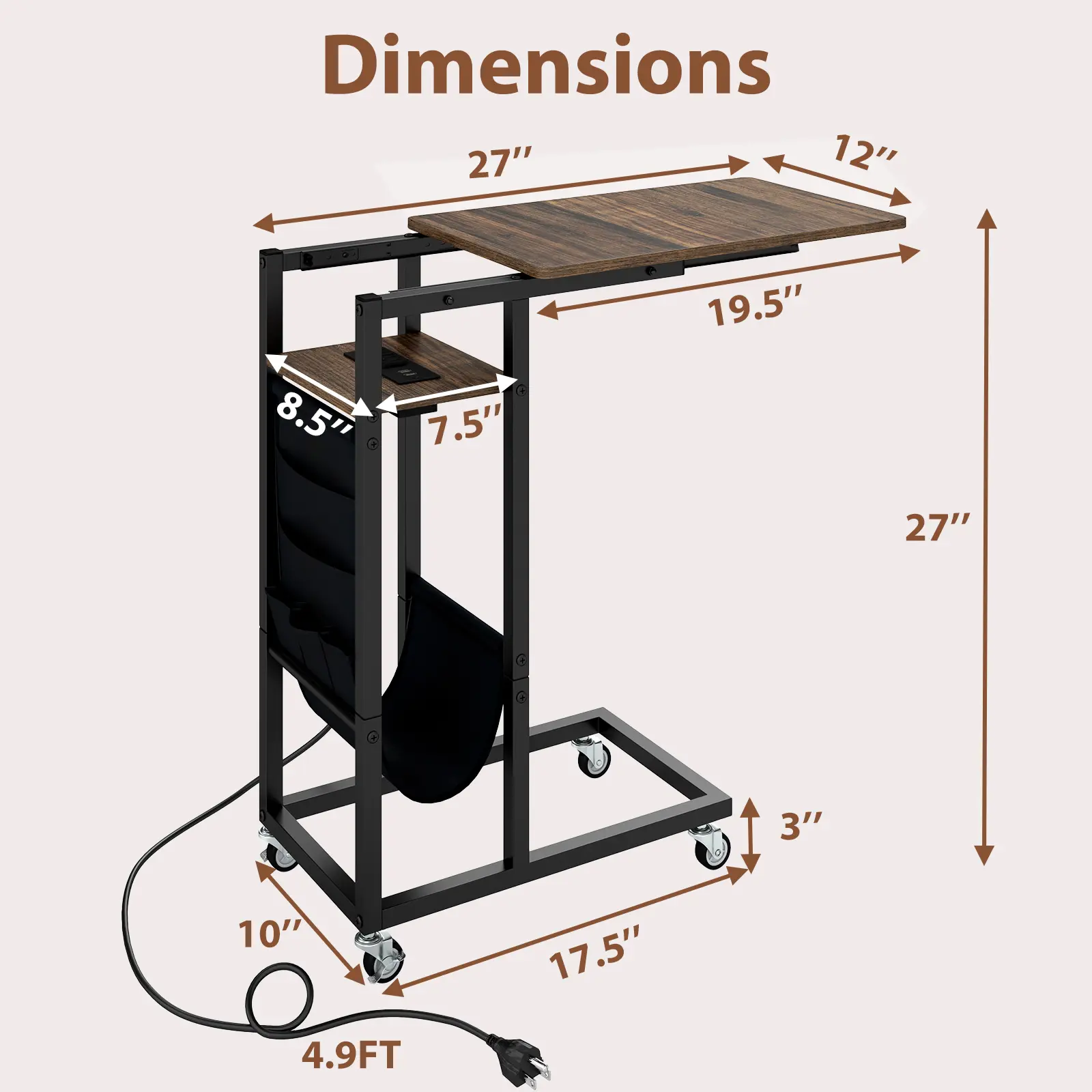 COSTWAY - C-shaped End Table with Charging Station and Retractable Tabletop-Coffee